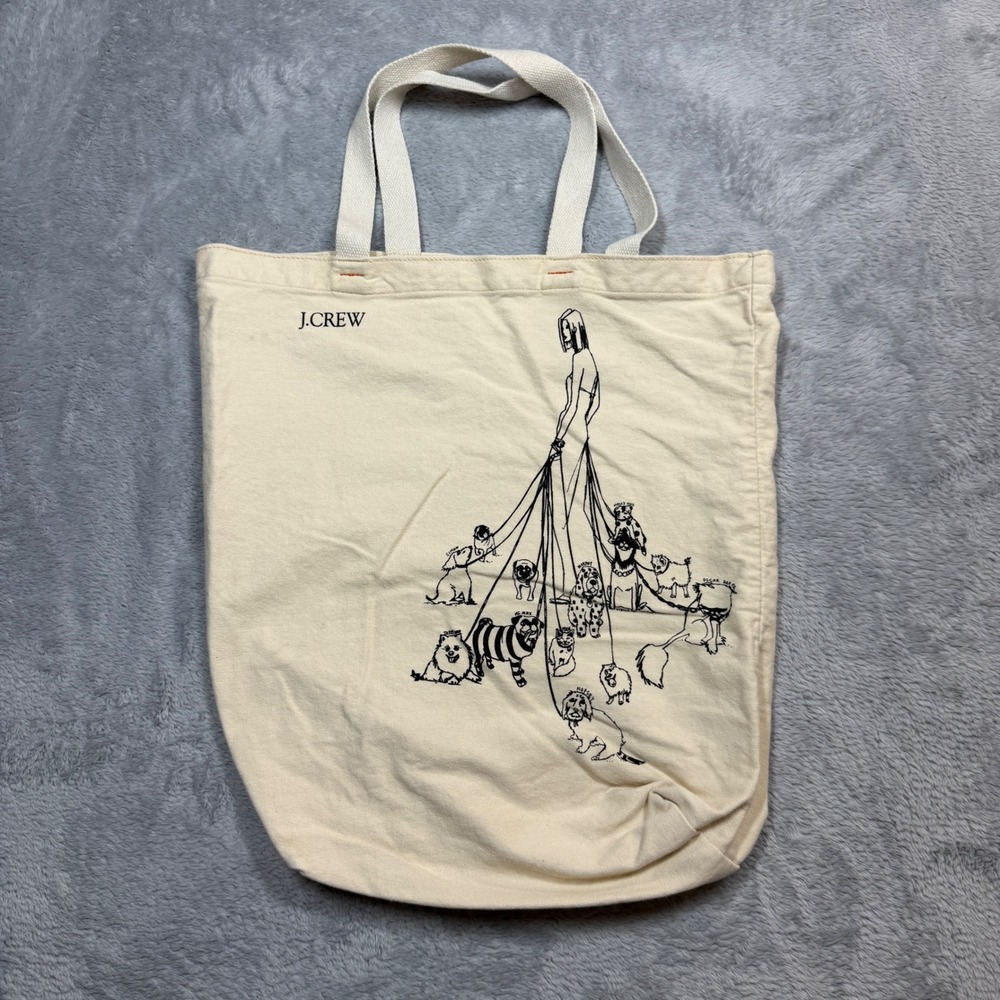 J.Crew Tote Bag Womens Cream Canvas Dog Walker Graphic Print Y2K